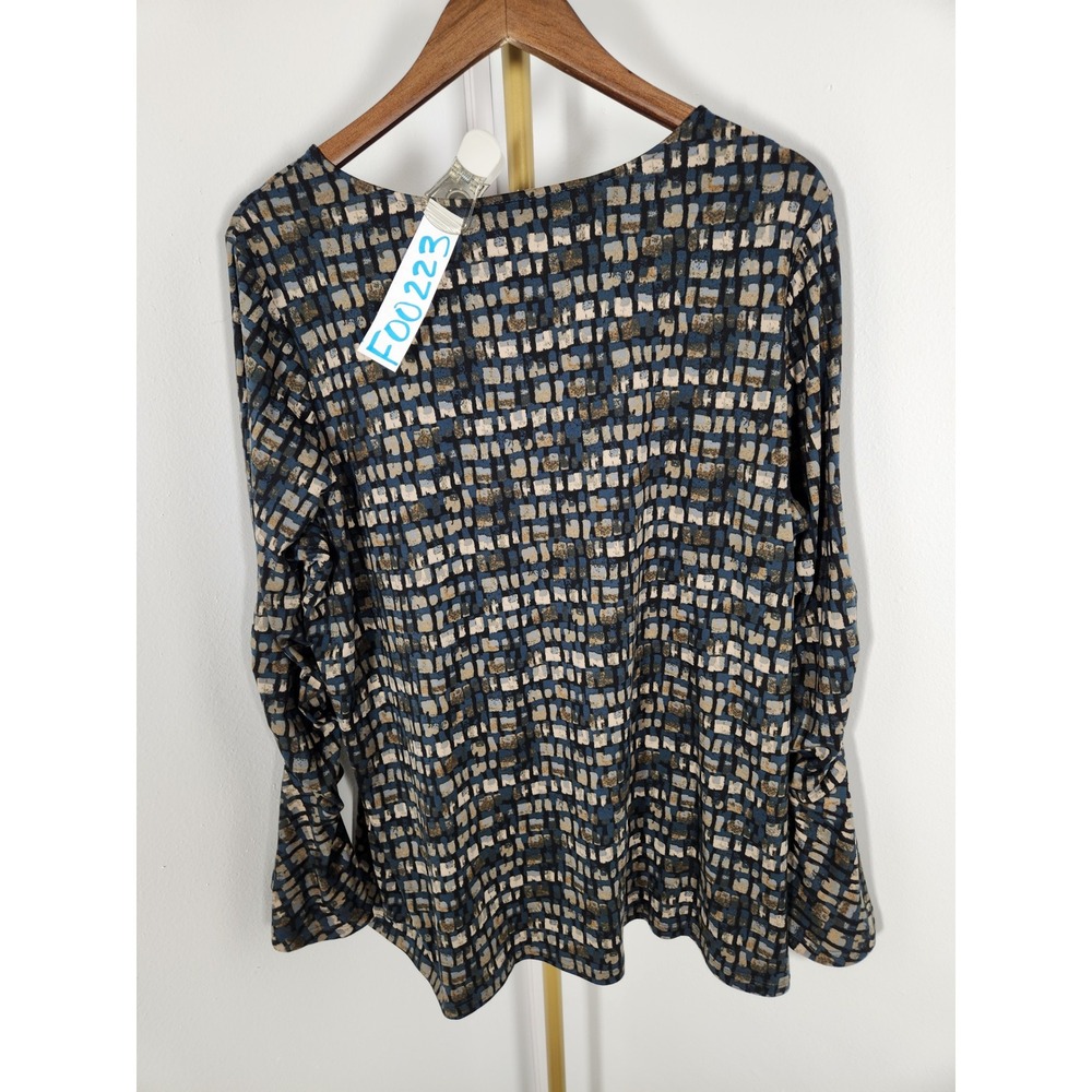 Susan Graver Blue Geometric Block Print Tunic Ruched Flared Sleeves Size‎ 1X - Picture 4 of 9